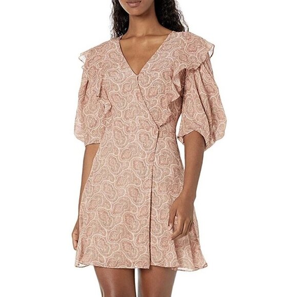 NEW THE KOOPLES Mini Silk Dress Paisley Lurex V-Neck Puff Sleeve Wrap Size 4 XL - Picture 1 of 12